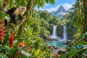 Tropisches Paradies mit Wasserfall und Affe