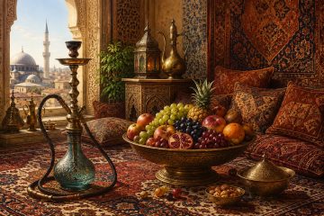 Orientalische Oase mit Früchten und Wasserpfeife