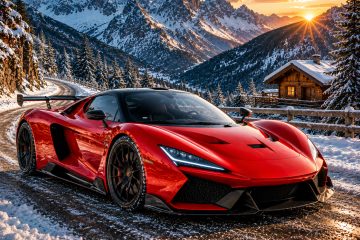 Roter Sportwagen vor alpiner Winterkulisse